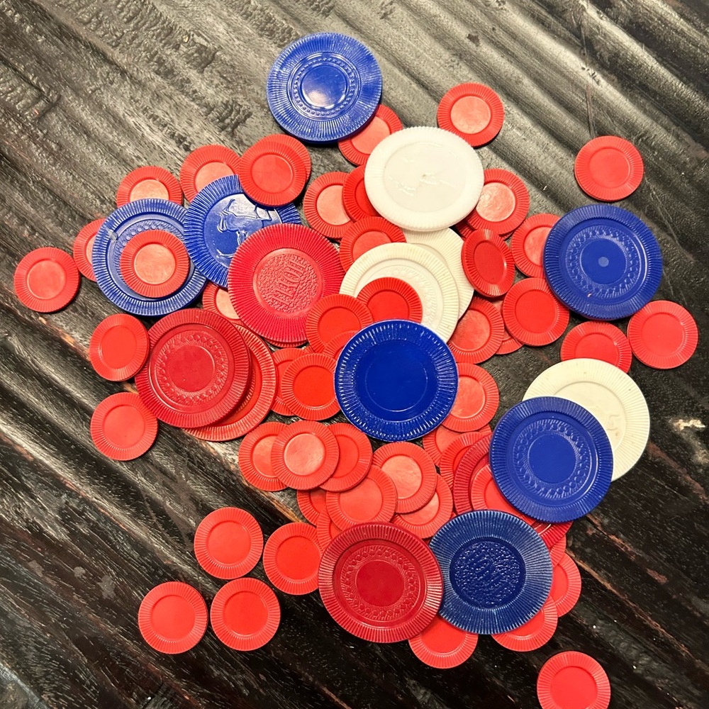 Bundle of 88 Vintage poker chips red white & blue 70 small & 18 large mix media